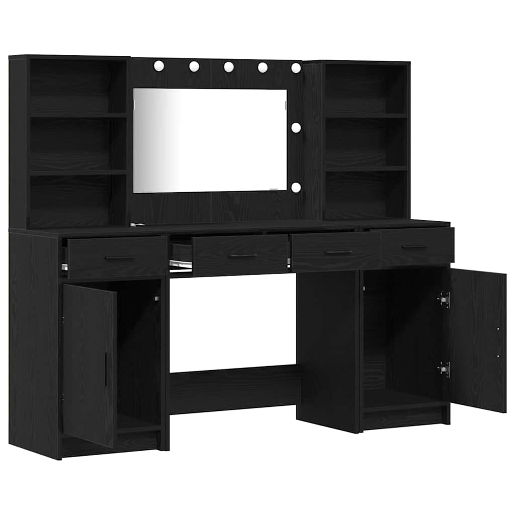 Schminktischset mit LED mit Regal 3 pcs Schwarz Eichen-Optik