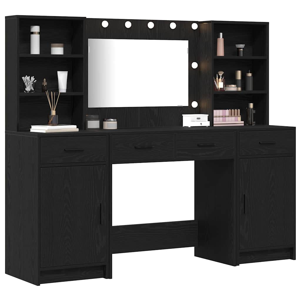 Schminktischset mit LED mit Regal 3 pcs Schwarz Eichen-Optik