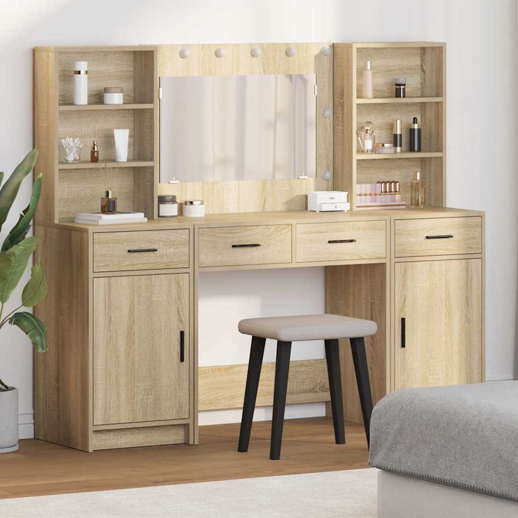 Schminktischset mit LED 3 pcs Sonoma-Eiche Holzwerkstoff