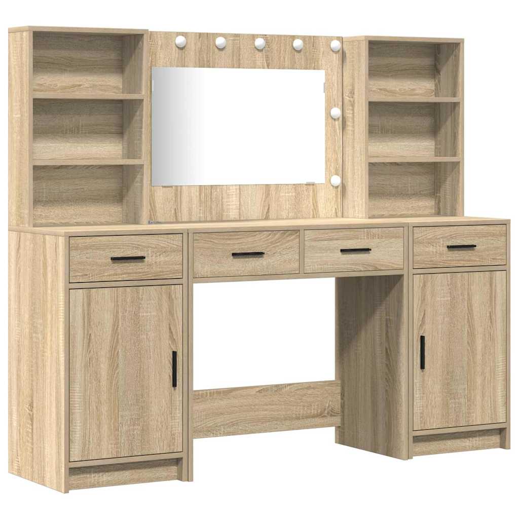 Schminktischset mit LED 3 pcs Sonoma-Eiche Holzwerkstoff