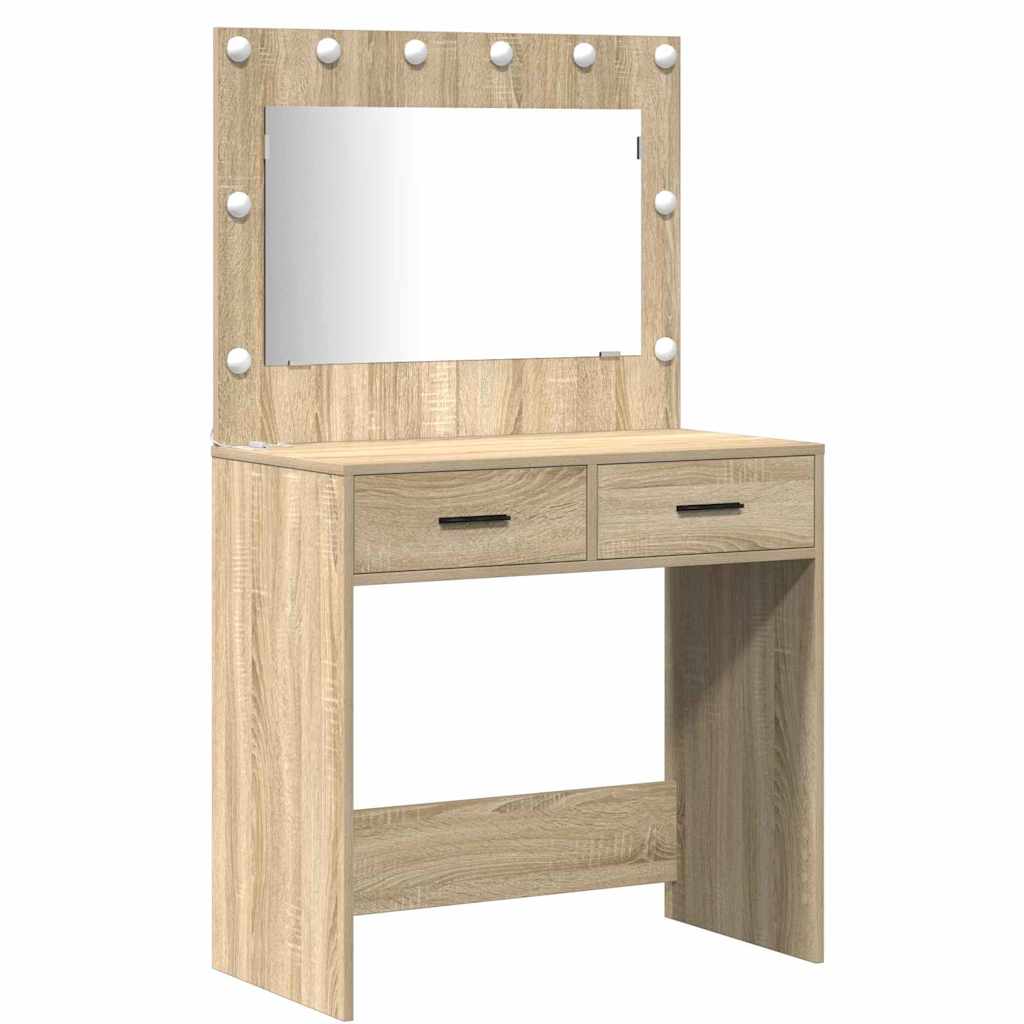 Schminktischset mit LED 3 pcs Sonoma-Eiche Holzwerkstoff