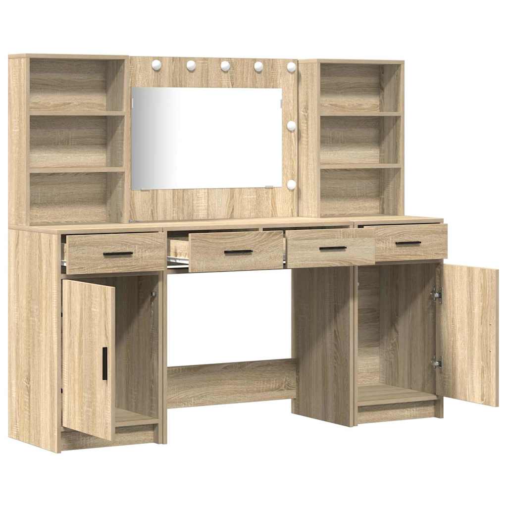 Schminktischset mit LED 3 pcs Sonoma-Eiche Holzwerkstoff