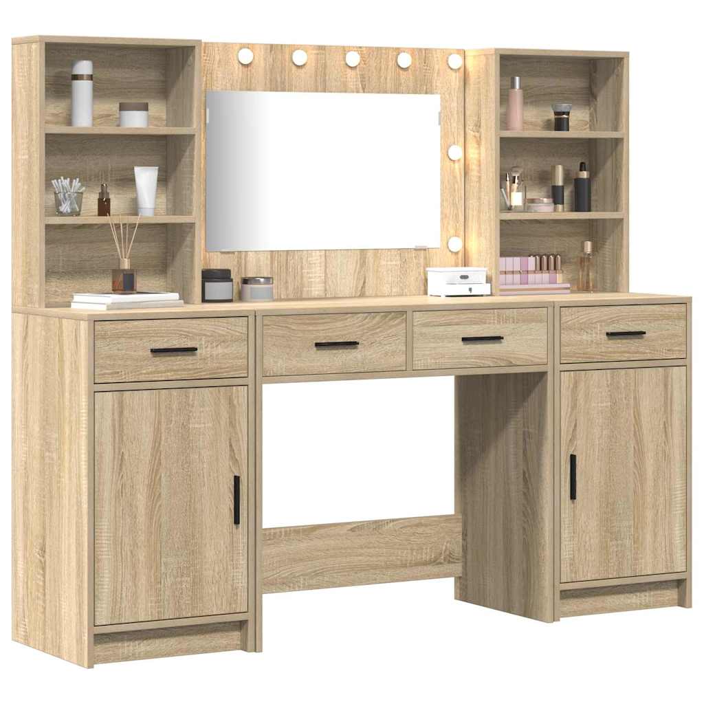 Schminktischset mit LED 3 pcs Sonoma-Eiche Holzwerkstoff