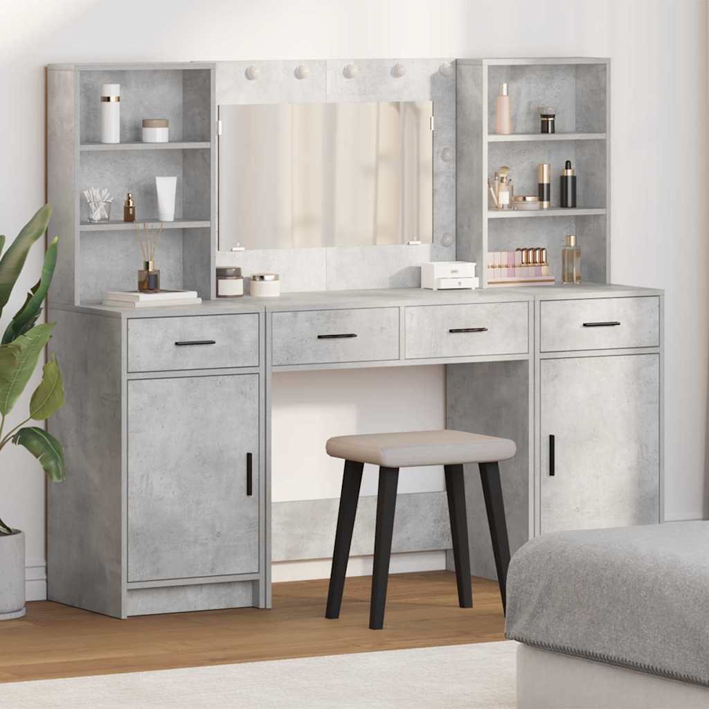 Schminktischset mit LED mit Tür 3 pcs Beton Grau Holzwerkstoff