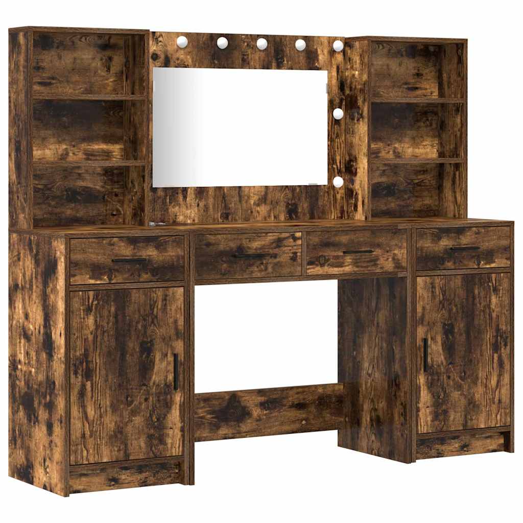 Schminktischset mit LED 3 pcs Geräucherte Eiche Holzwerkstoff