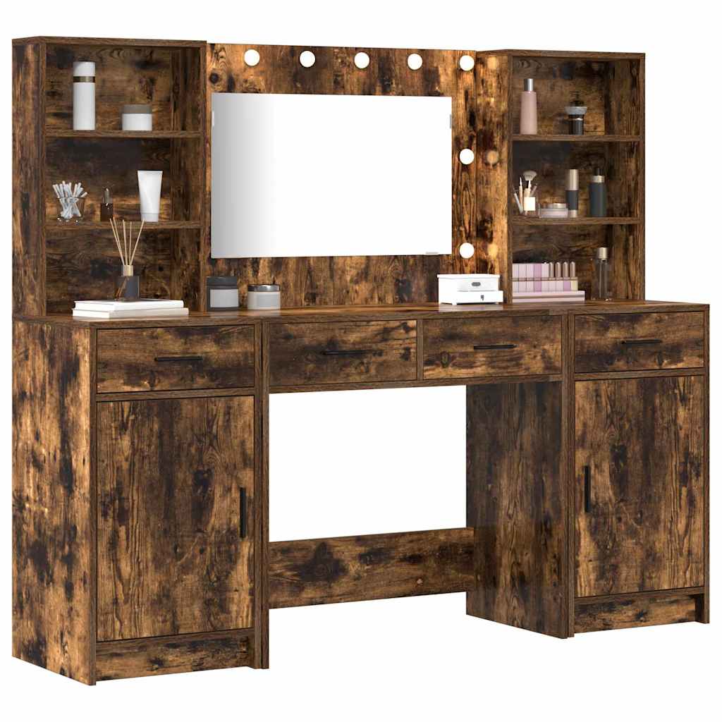 Schminktischset mit LED 3 pcs Geräucherte Eiche Holzwerkstoff