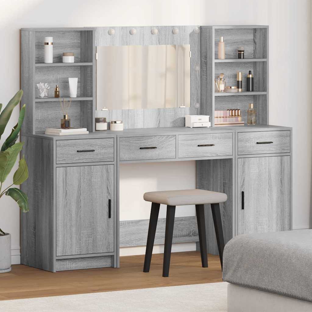 Schminktischset mit LED 3 pcs Graues Sonoma Holzwerkstoff