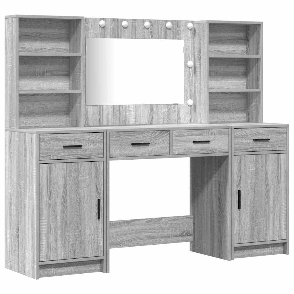 Schminktischset mit LED 3 pcs Graues Sonoma Holzwerkstoff