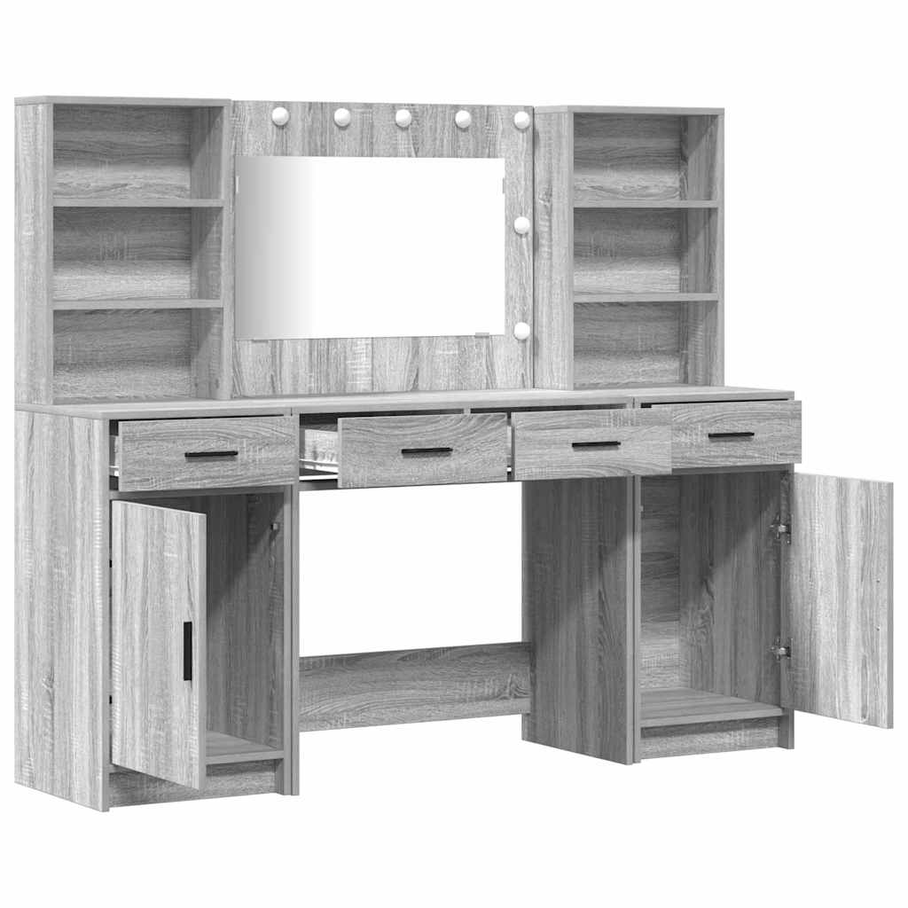 Schminktischset mit LED 3 pcs Graues Sonoma Holzwerkstoff