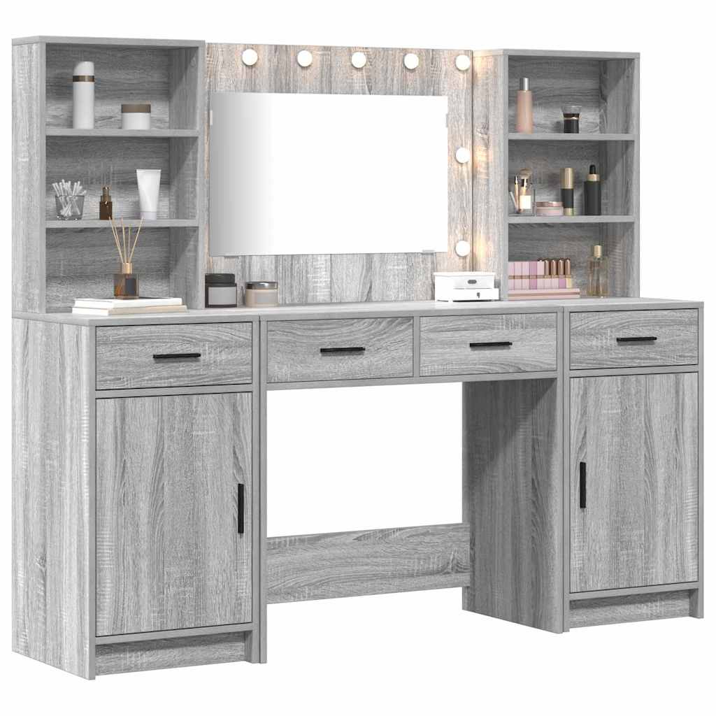 Schminktischset mit LED 3 pcs Graues Sonoma Holzwerkstoff