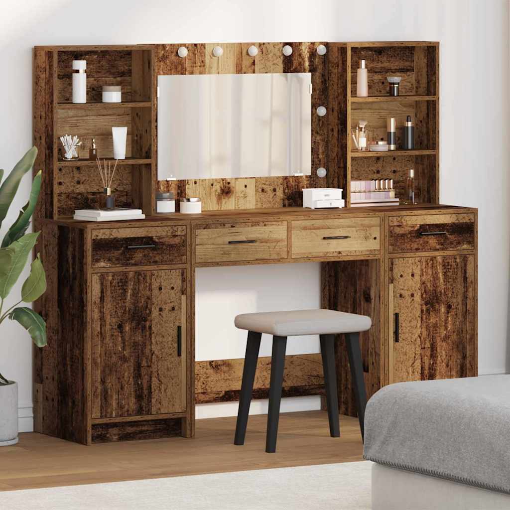 Schminktischset mit LED mit Regal 3 pcs Altholz Holzwerkstoff
