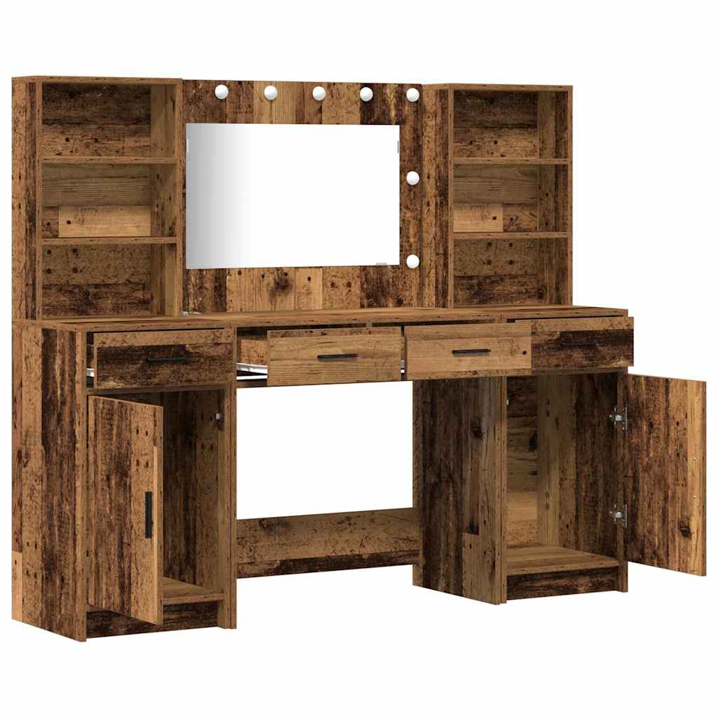 Schminktischset mit LED mit Regal 3 pcs Altholz Holzwerkstoff