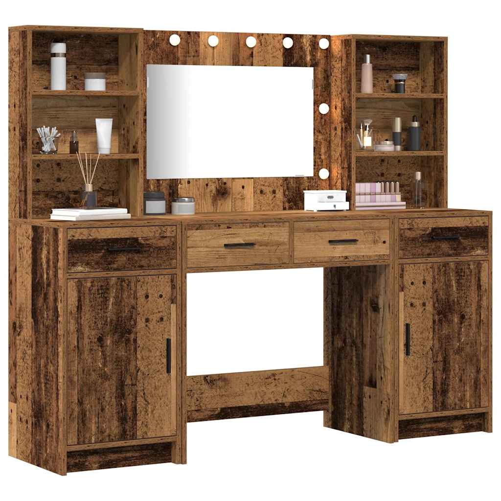 Schminktischset mit LED mit Regal 3 pcs Altholz Holzwerkstoff