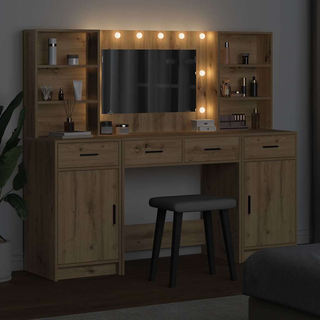 Schminktischset mit LED 3 pcs Artisan-Eiche Holzwerkstoff
