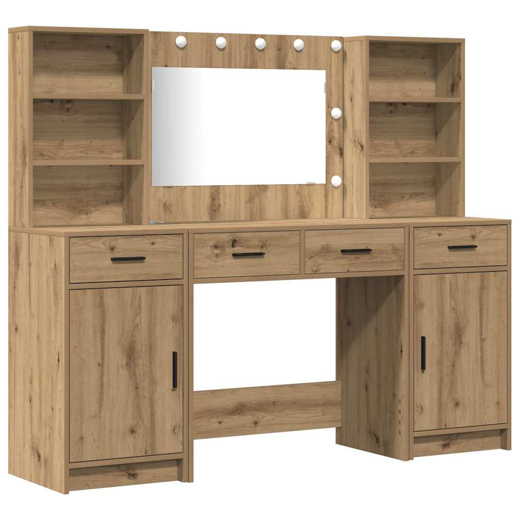Schminktischset mit LED 3 pcs Artisan-Eiche Holzwerkstoff