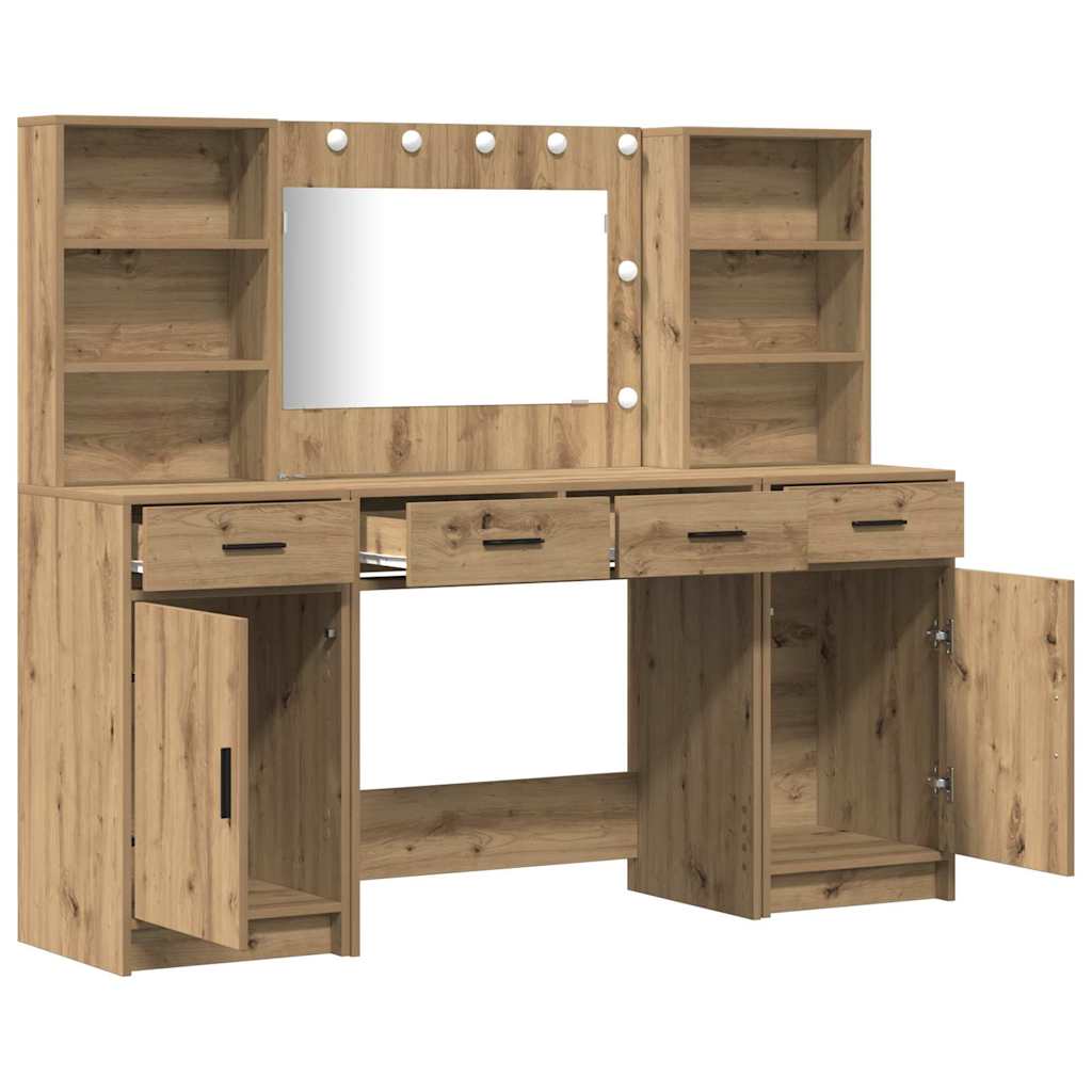 Schminktischset mit LED 3 pcs Artisan-Eiche Holzwerkstoff