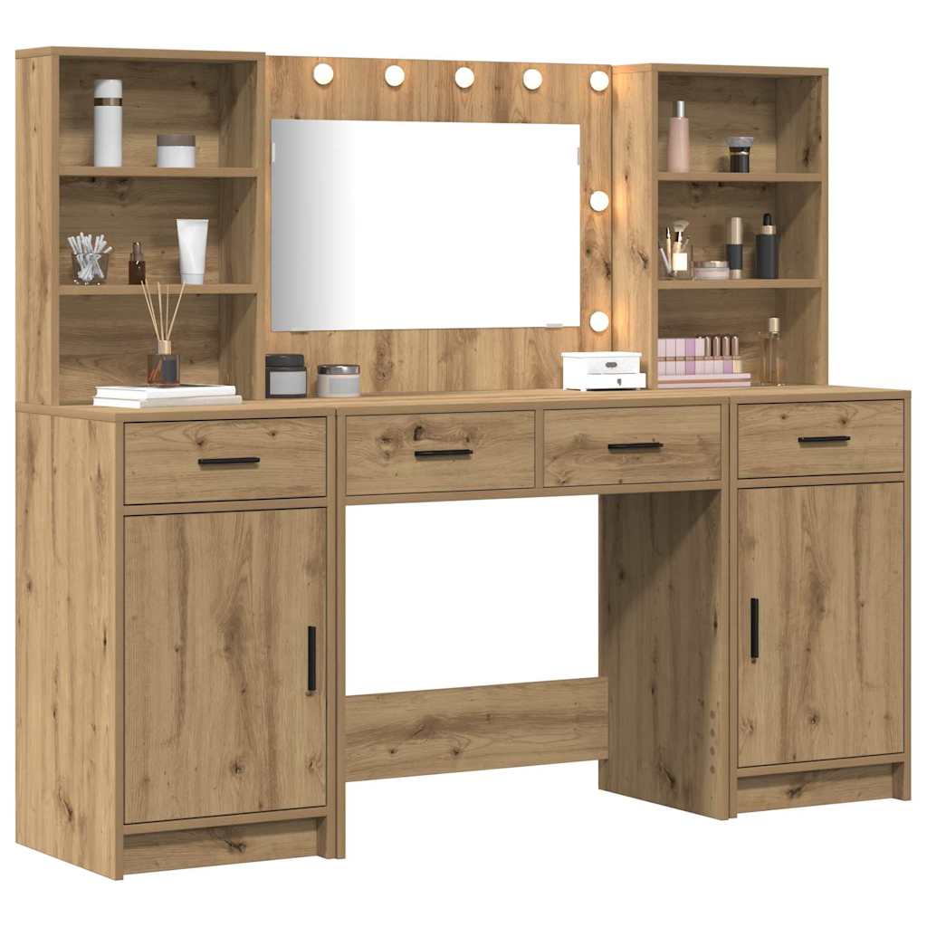 Schminktischset mit LED 3 pcs Artisan-Eiche Holzwerkstoff