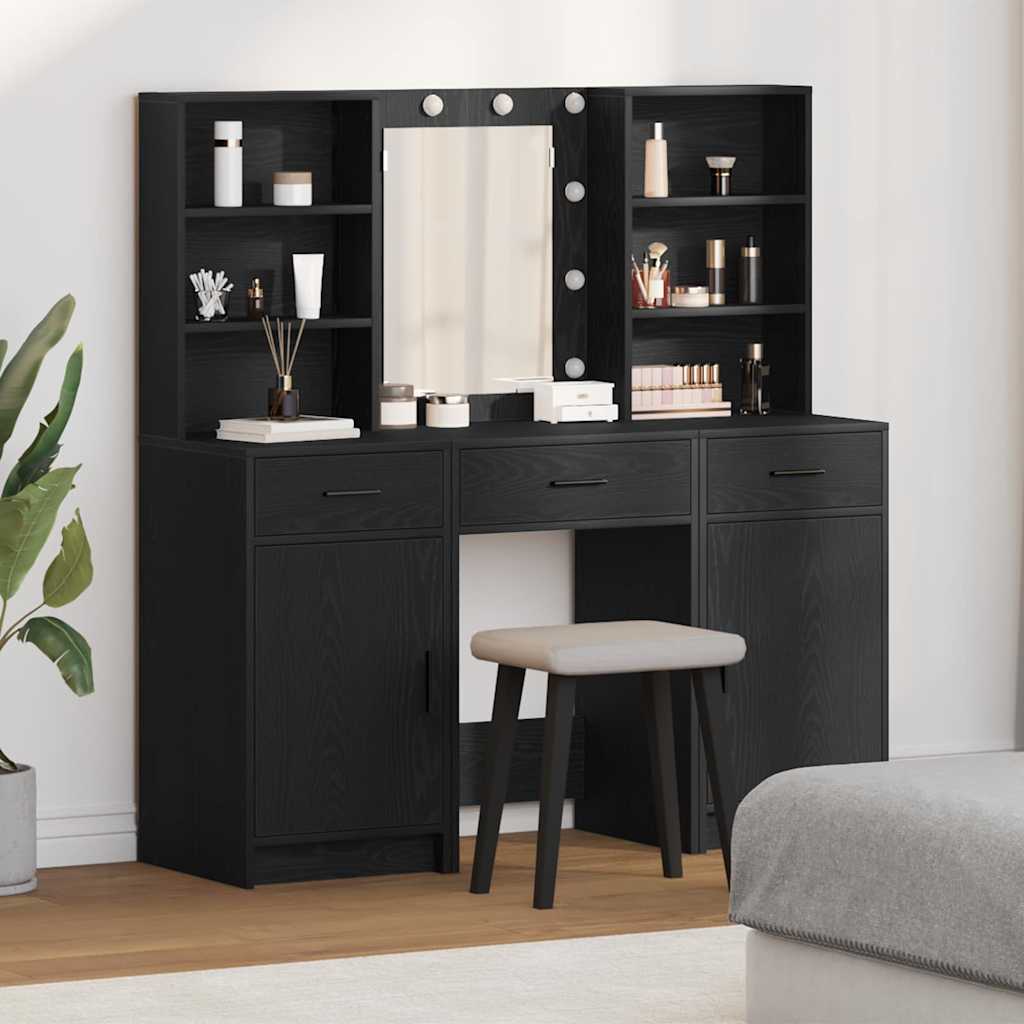 Schminktischset mit LED mit Regal 3 pcs Schwarz Eichen-Optik