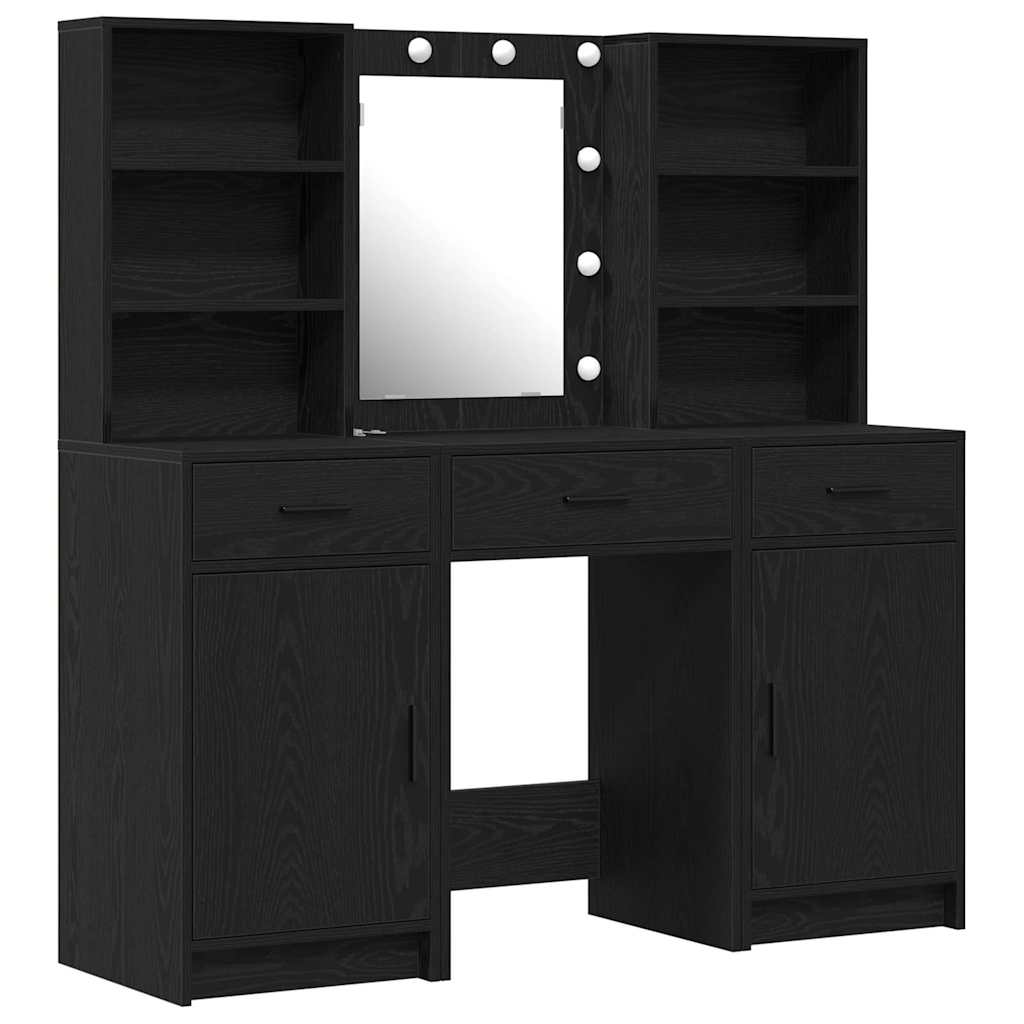 Schminktischset mit LED mit Regal 3 pcs Schwarz Eichen-Optik
