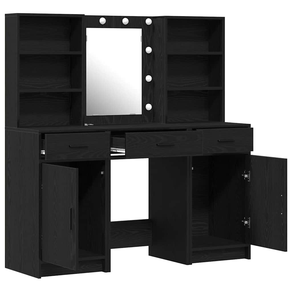 Schminktischset mit LED mit Regal 3 pcs Schwarz Eichen-Optik