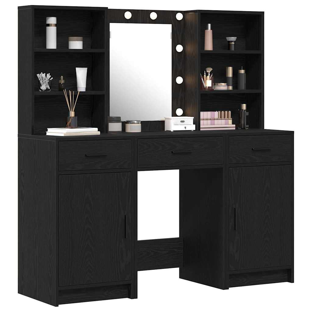 Schminktischset mit LED mit Regal 3 pcs Schwarz Eichen-Optik