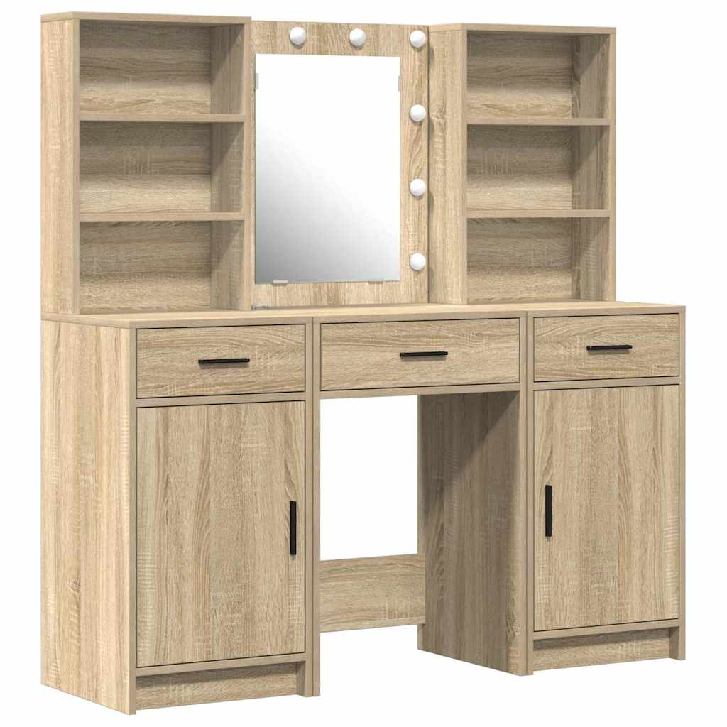 Schminktischset mit LED 3 pcs Sonoma-Eiche Holzwerkstoff