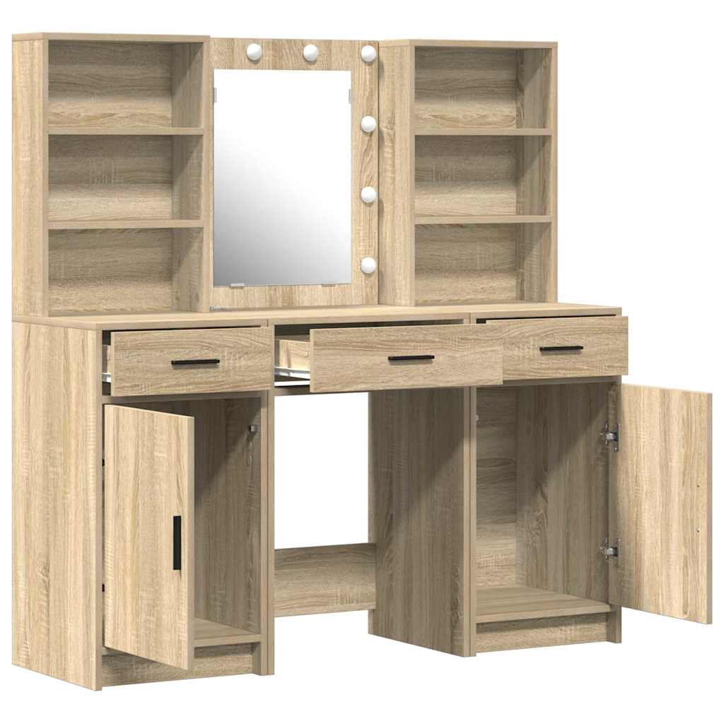 Schminktischset mit LED 3 pcs Sonoma-Eiche Holzwerkstoff