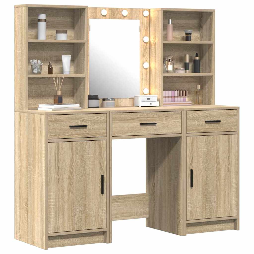Schminktischset mit LED 3 pcs Sonoma-Eiche Holzwerkstoff