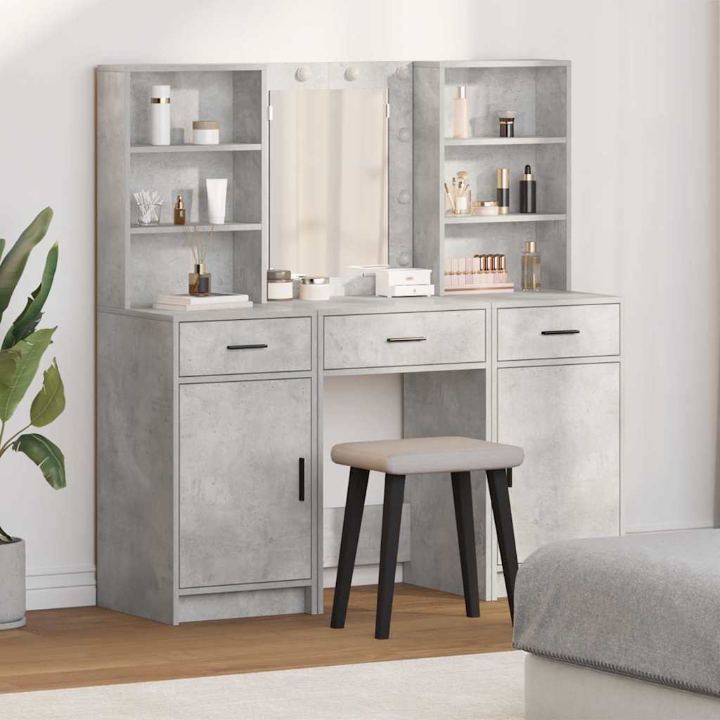 Schminktischset mit LED mit Tür 3 pcs Beton Grau Holzwerkstoff