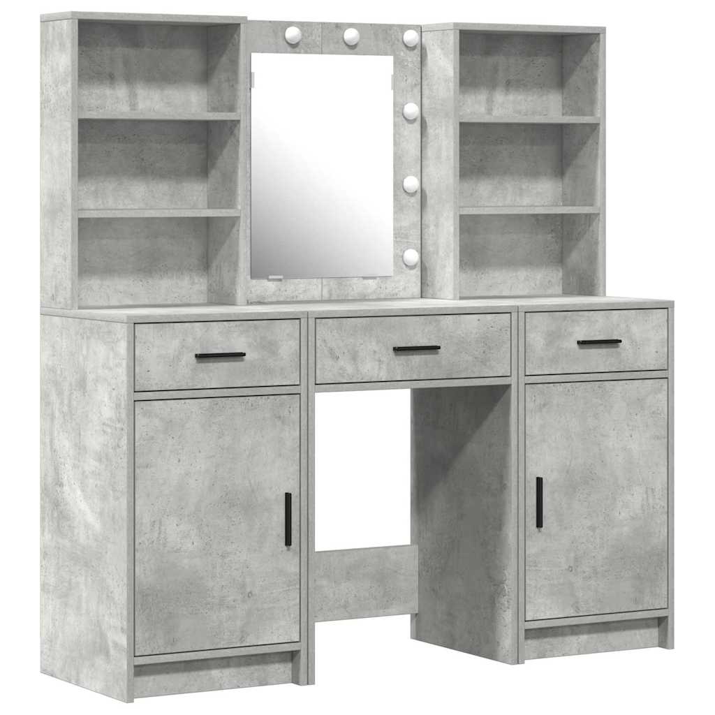 Schminktischset mit LED mit Tür 3 pcs Beton Grau Holzwerkstoff