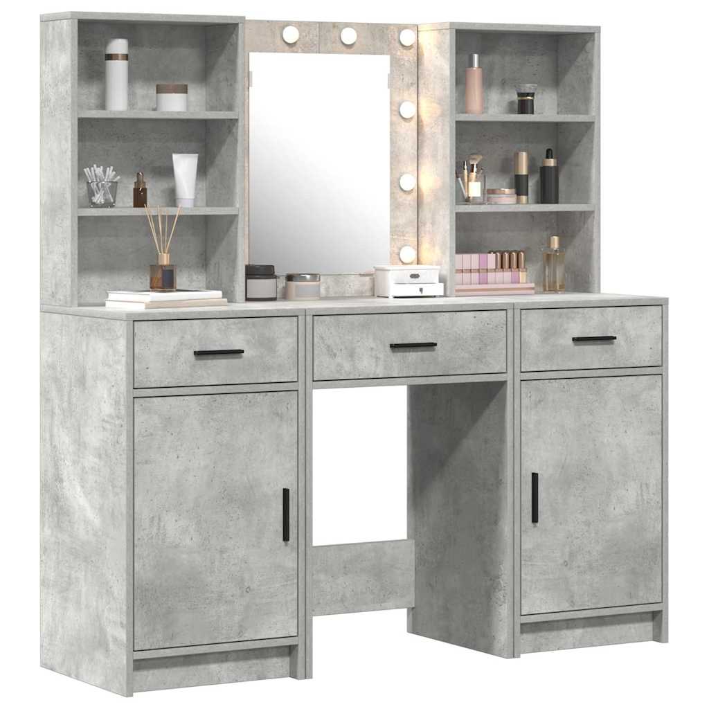 Schminktischset mit LED mit Tür 3 pcs Beton Grau Holzwerkstoff