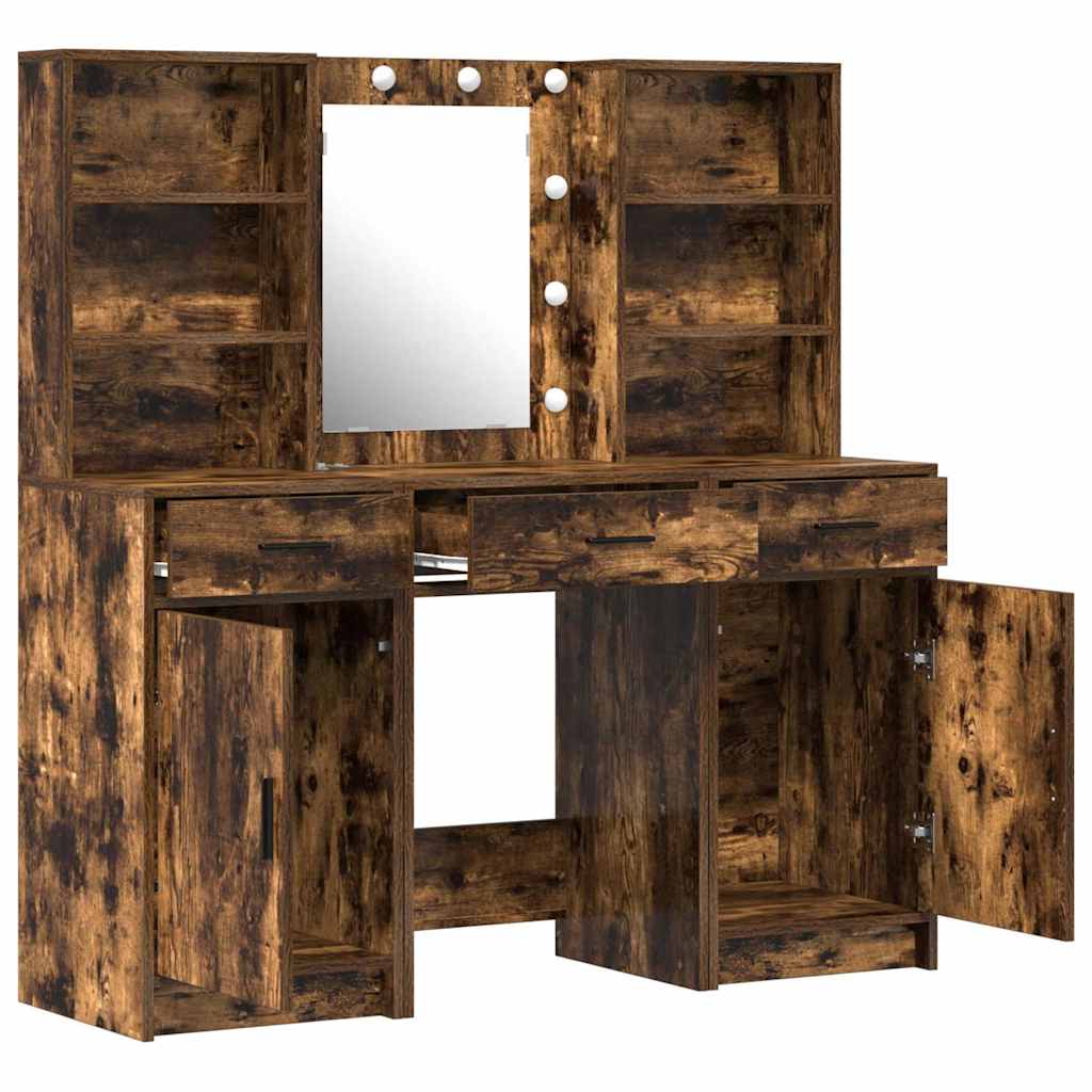 Schminktischset mit LED 3 pcs Geräucherte Eiche Holzwerkstoff