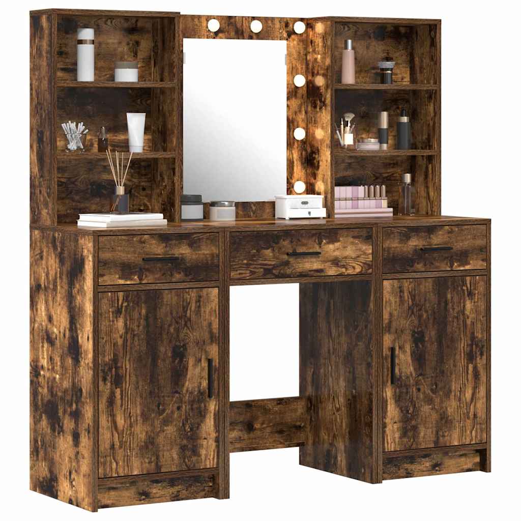 Schminktischset mit LED 3 pcs Geräucherte Eiche Holzwerkstoff