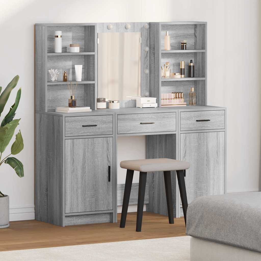 Schminktischset mit LED 3 pcs Graues Sonoma Holzwerkstoff