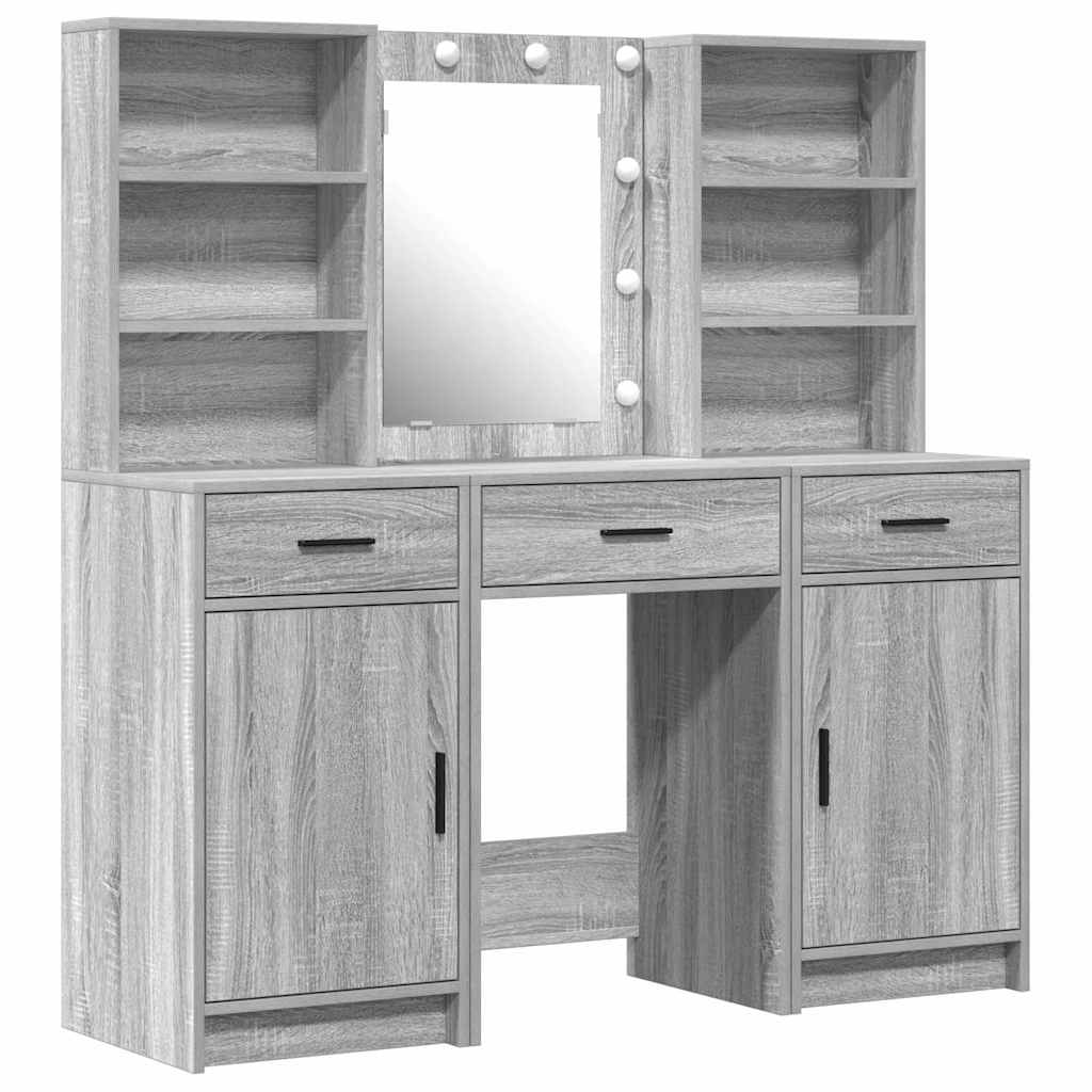 Schminktischset mit LED 3 pcs Graues Sonoma Holzwerkstoff