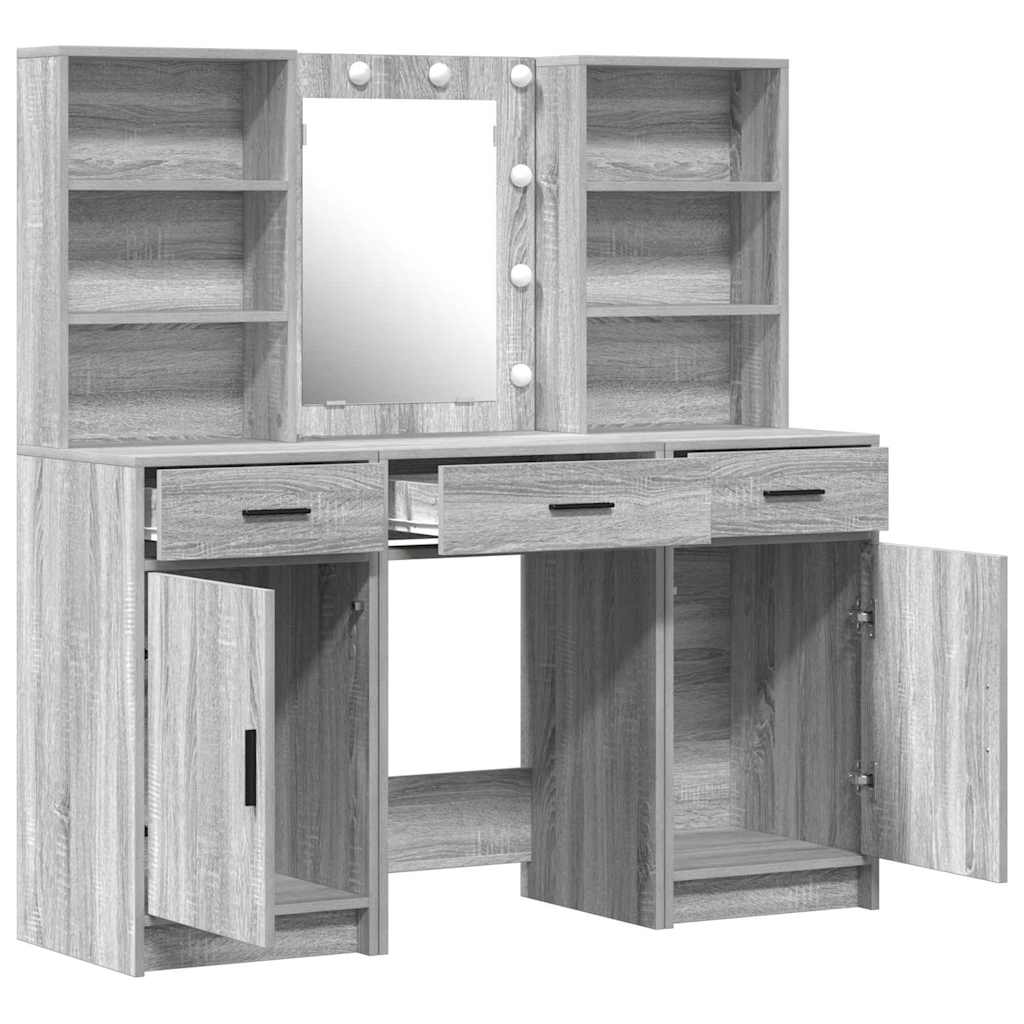 Schminktischset mit LED 3 pcs Graues Sonoma Holzwerkstoff