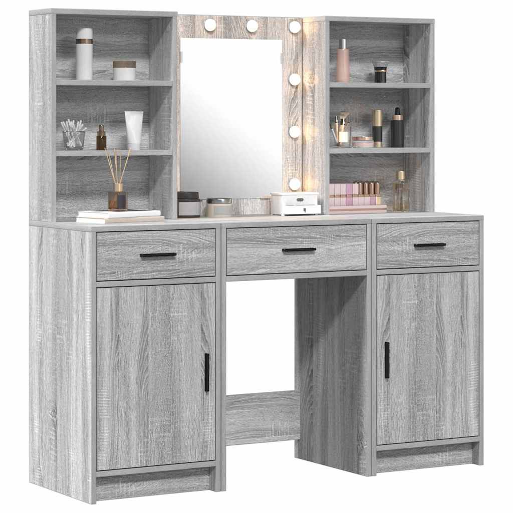 Schminktischset mit LED 3 pcs Graues Sonoma Holzwerkstoff
