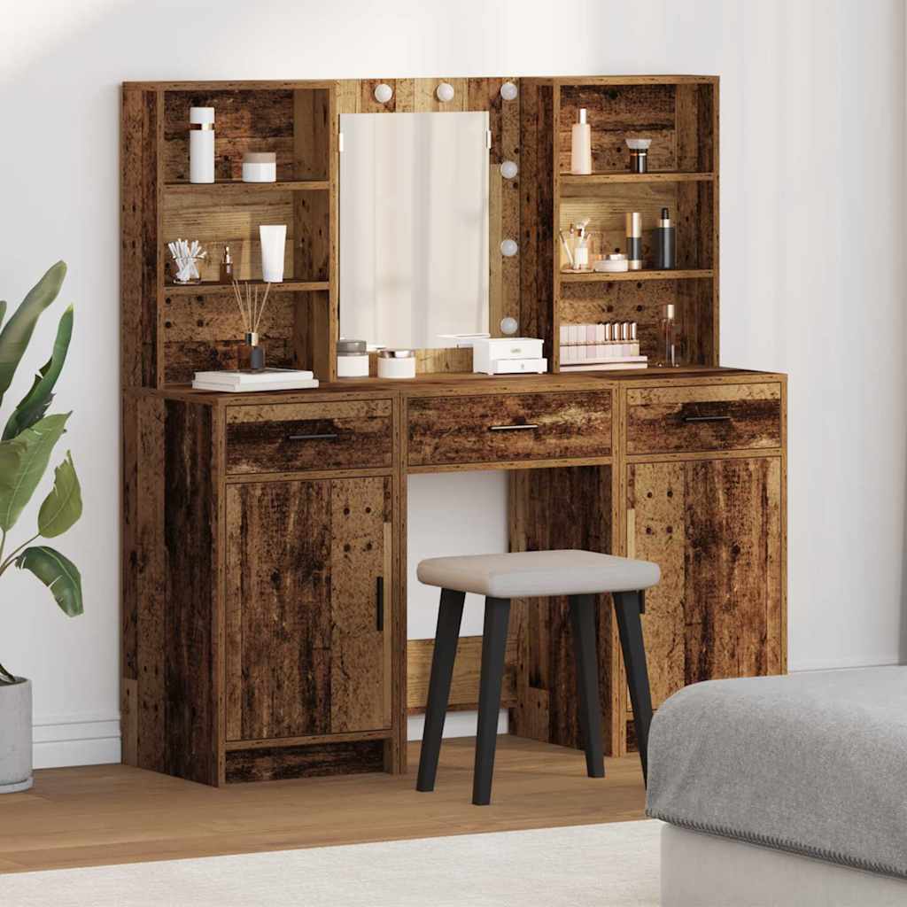 Schminktischset mit LED mit Regal 3 pcs Altholz Holzwerkstoff