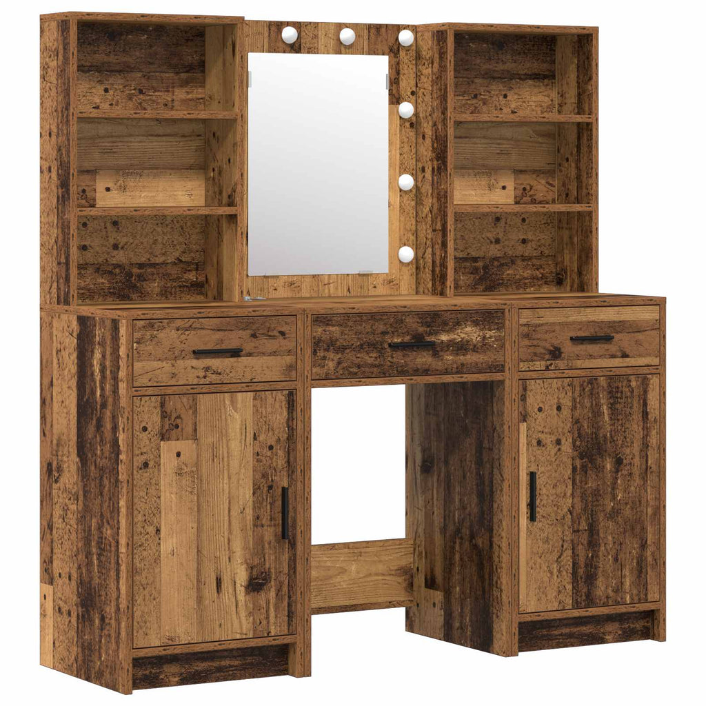 Schminktischset mit LED mit Regal 3 pcs Altholz Holzwerkstoff