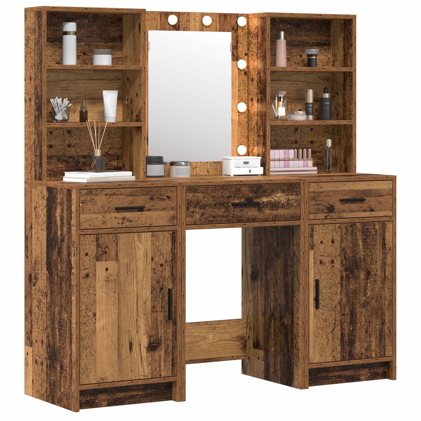 Schminktischset mit LED mit Regal 3 pcs Altholz Holzwerkstoff