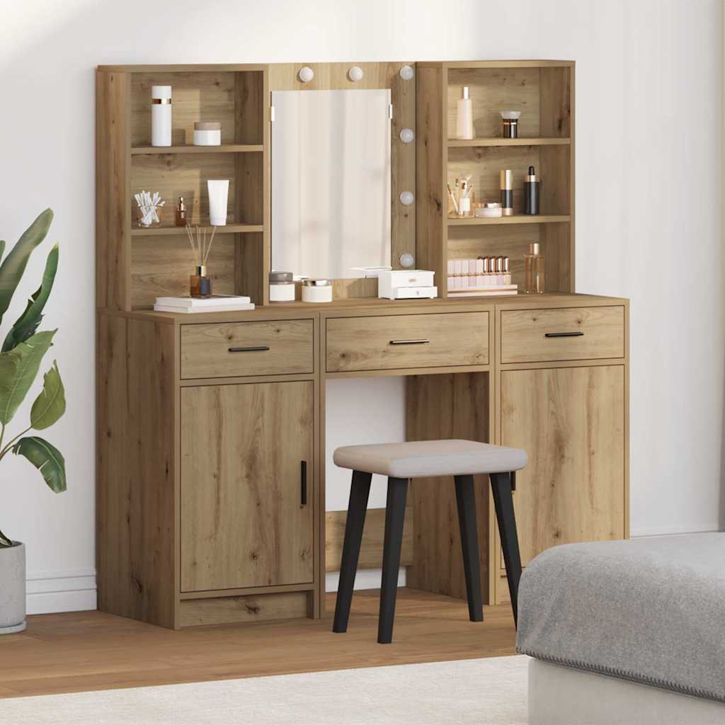 Schminktischset mit LED 3 pcs Artisan-Eiche Holzwerkstoff