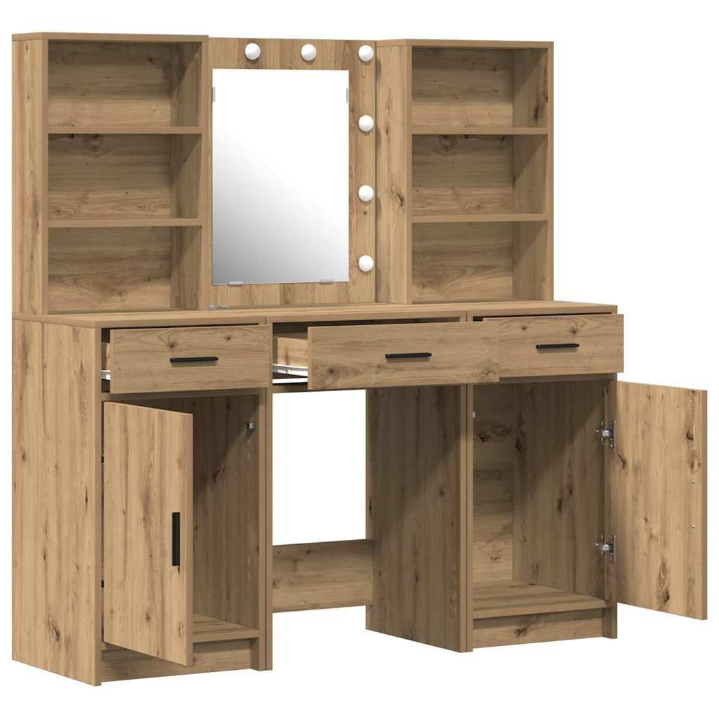 Schminktischset mit LED 3 pcs Artisan-Eiche Holzwerkstoff