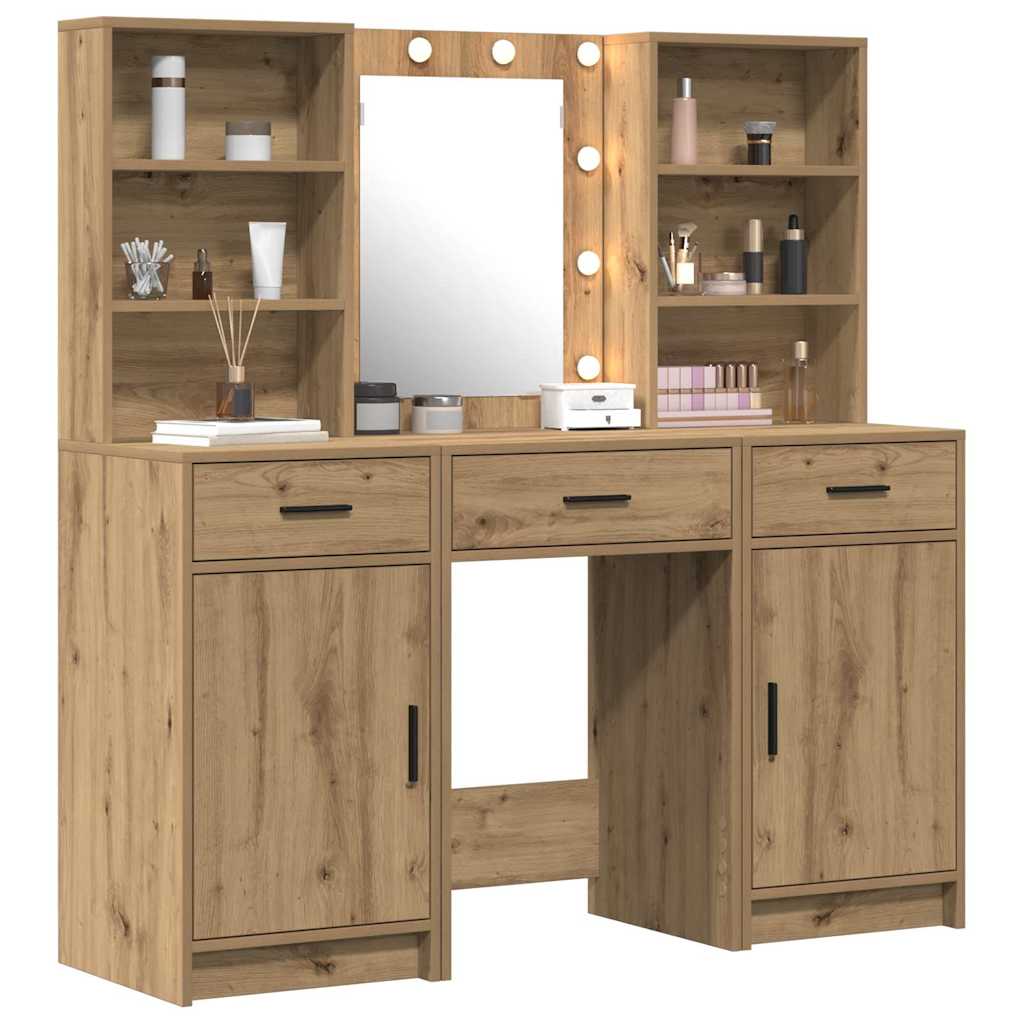 Schminktischset mit LED 3 pcs Artisan-Eiche Holzwerkstoff