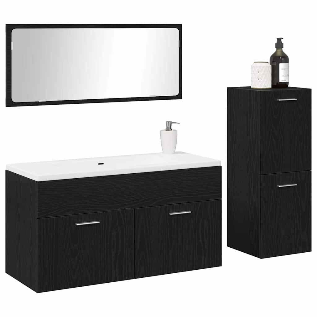Badezimmermöbel-Set 3 pcs Schwarz Eichen-Optik Holzwerkstoff