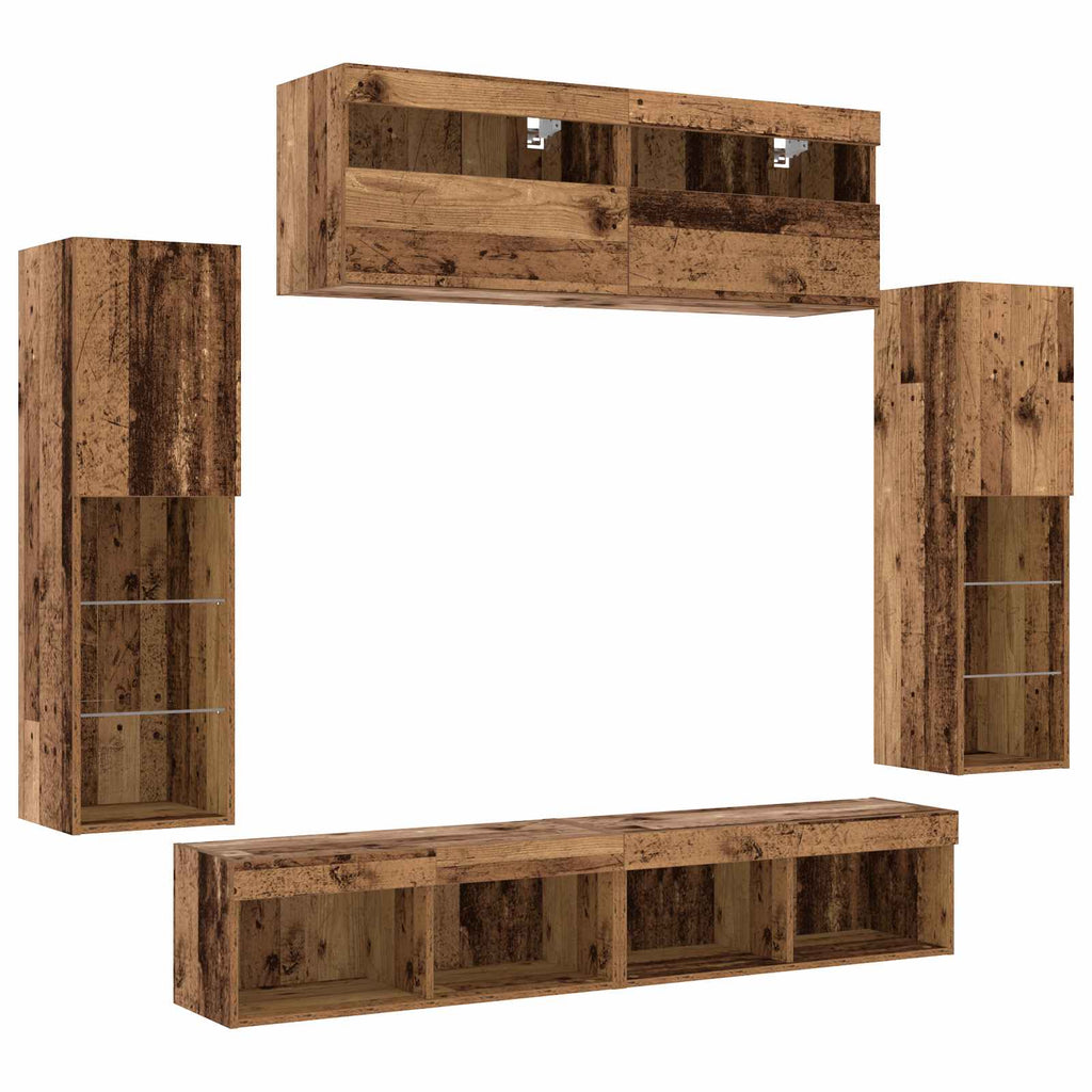 TV-Schrankset mit LED-Lichtleisten 6 pcs Altholz Holzwerkstoff