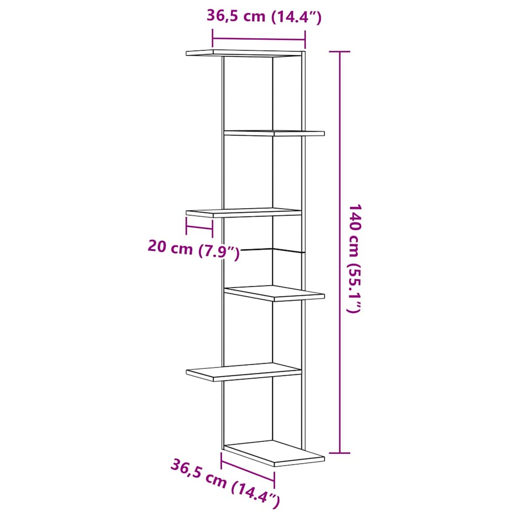 Wand-Eckregal Schwarz Eichen-Optik 36,5 x 36,5 x 140 cm