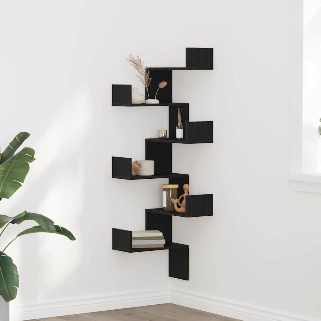 Wand-Eckregal mit Regal Schwarz Eichen-Optik 45 x 45 x 147 cm
