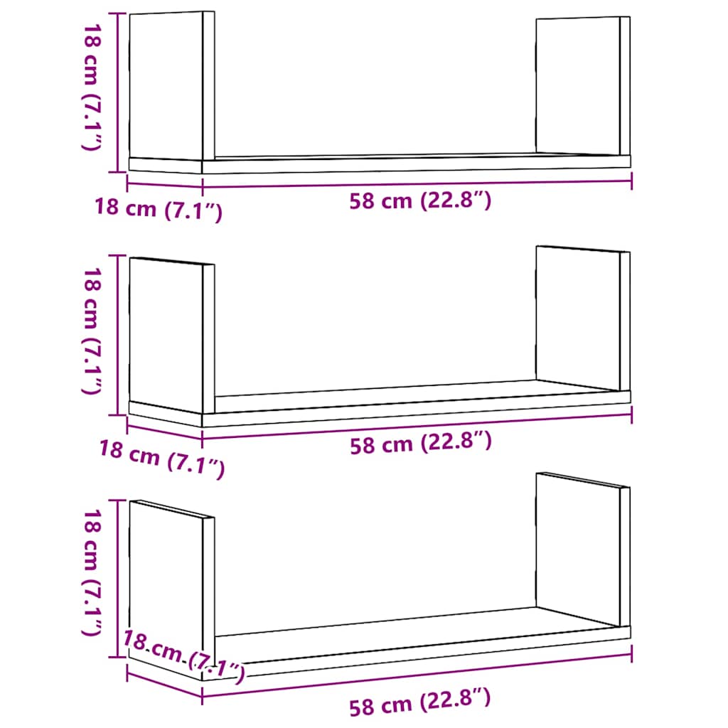 Wandregale 3 Stk. Schwarz Eichen-Optik 58x18x18cm Holzwerkstoff