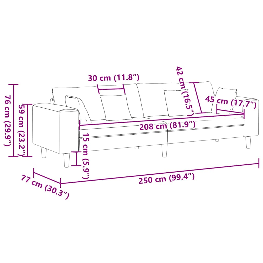 Sofa Dunkelgrau 250 x 77 x 76 cm Samt