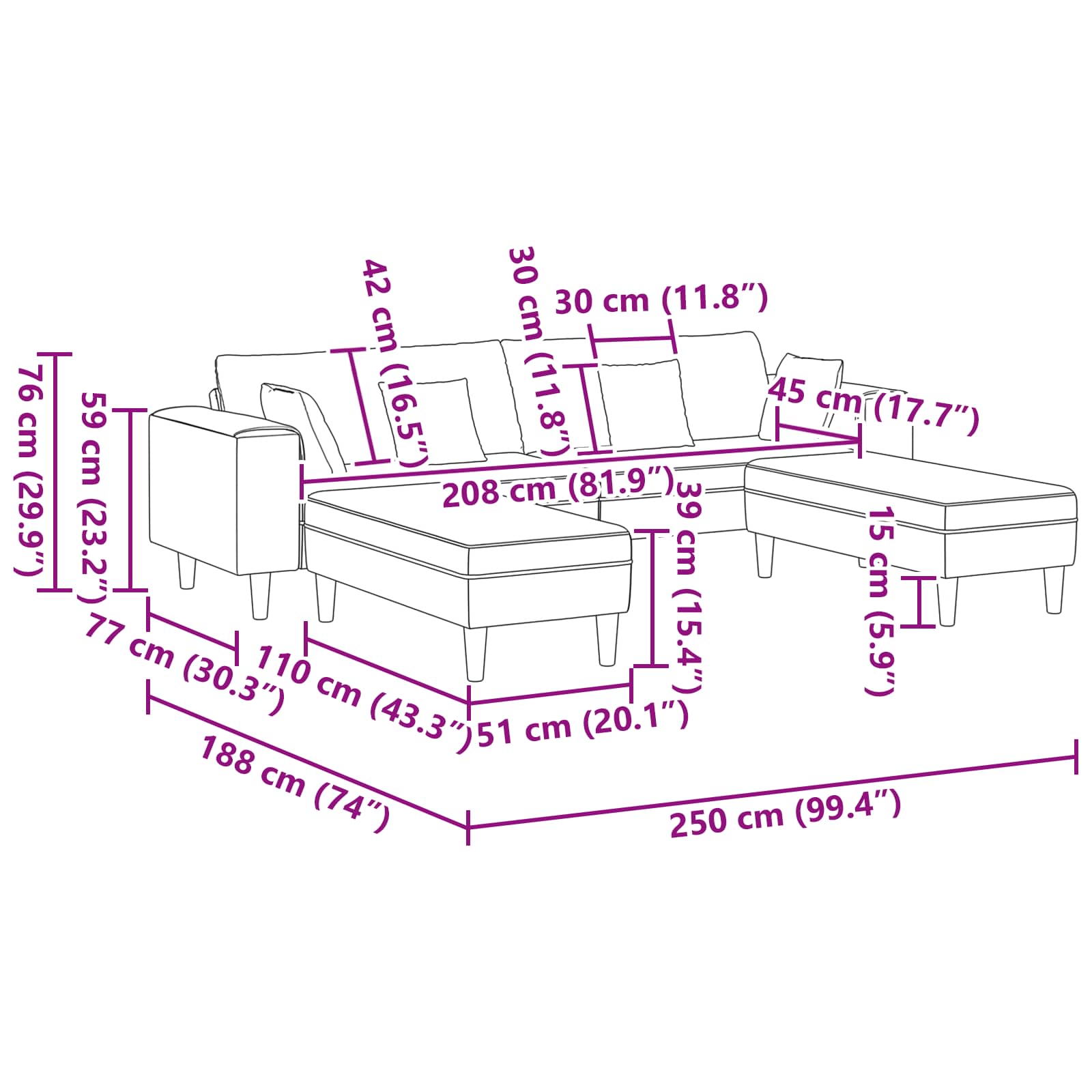 Sofa 3 pcs Creme 250 x 188 x 76 cm Samt